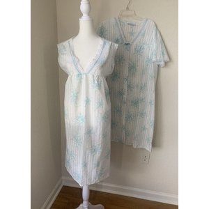 Vintage Night Time Creations Gown & Robe Set 2XL Blue & Pink Roses Cotton Lace